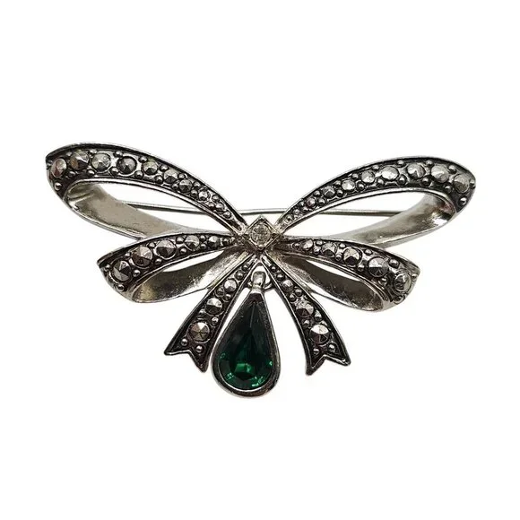 AVON Vintage Rhinestone Bow Green Drop Silver Brooch Pin - Picture 1 of 4